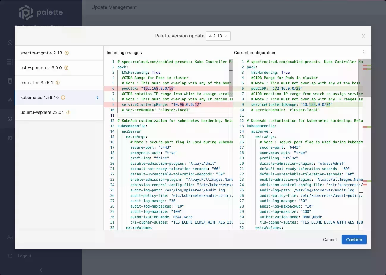 Self-hosted Palette system console with the upgrade preview pane.